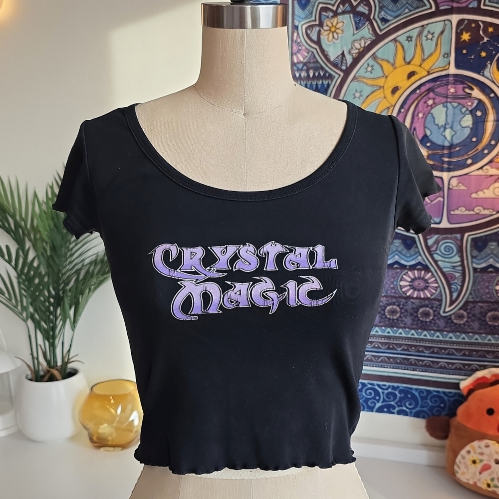 Dolls Kill Horoscopez Crystal Magic Glitter Graphic Print Cropped Baby Tee